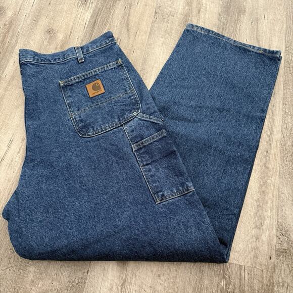 Carhartt Double Knee Jeans Mens 42x32 Blue Carpenter Denim Workwear B73-DST - Picture 1 of 6
